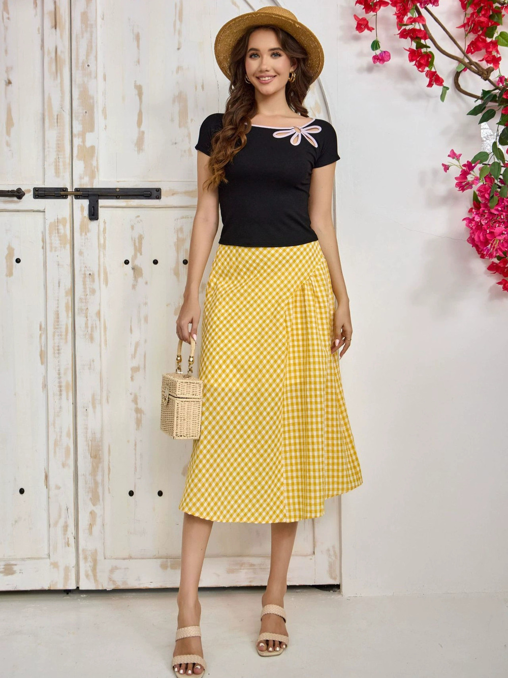 Zara 2-Piece Set Black Fitted Floral Tee and Plaid Letter Flared Midi Skirt